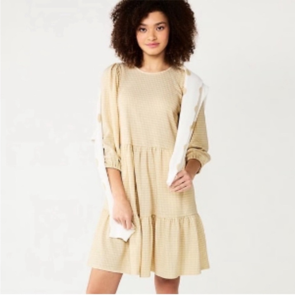 Draper James RSVP metallic gold houndstooth puff sleeves tiered dress xxl